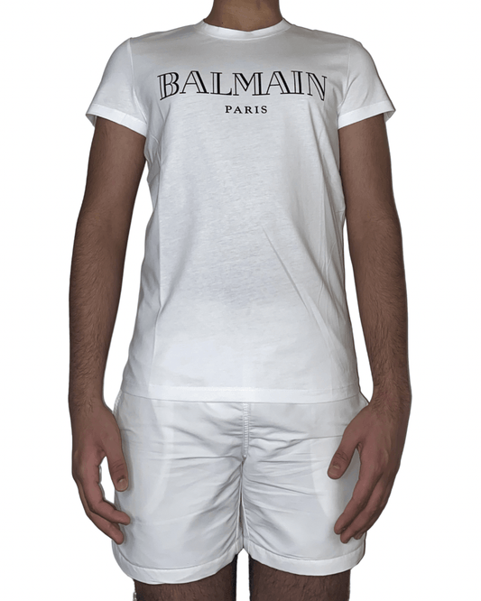 White Cotton T-Shirt With Black Balmain Paris Logo Print - Centurion Clothing