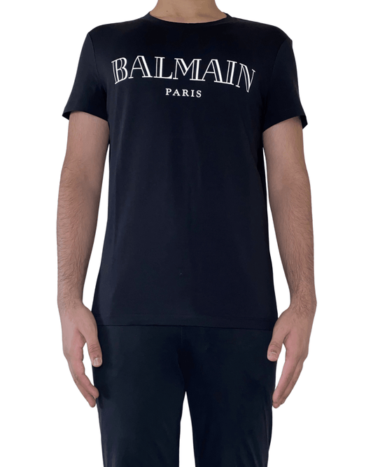 Black Cotton T-Shirt With White Balmain Paris Logo - Centurion Clothing
