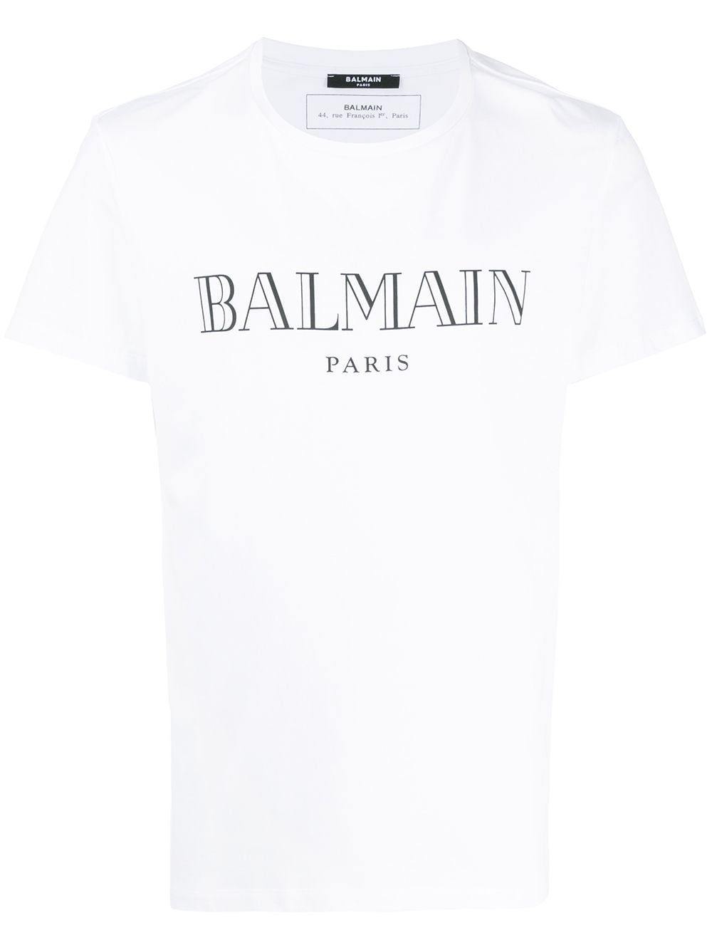 White Cotton T-Shirt With Black Balmain Paris Logo Print - Centurion Clothing